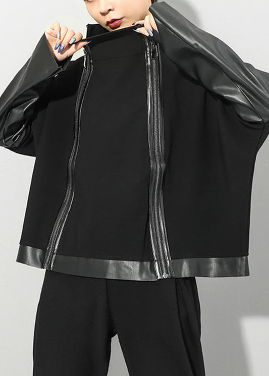 Black Stand Collar Zip Up Faux Leather Patchwork Coat Long Sleeve