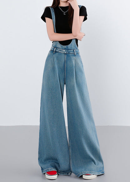 Blue Pockets Patchwork Denim Wide Leg Jumpsuit Fall