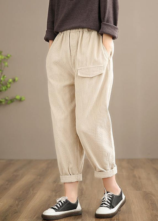French Spring Trousers Beige Inspiration Elastic Waist Pockets Pant