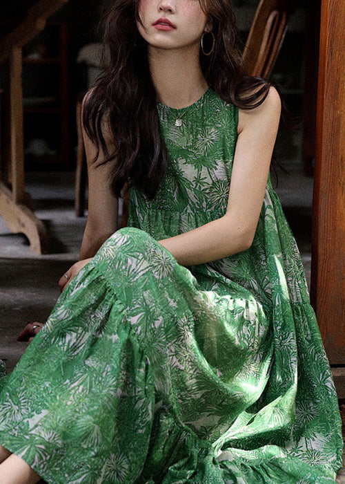 Green Print Wrinkled Silk Cotton Dress Sleeveless