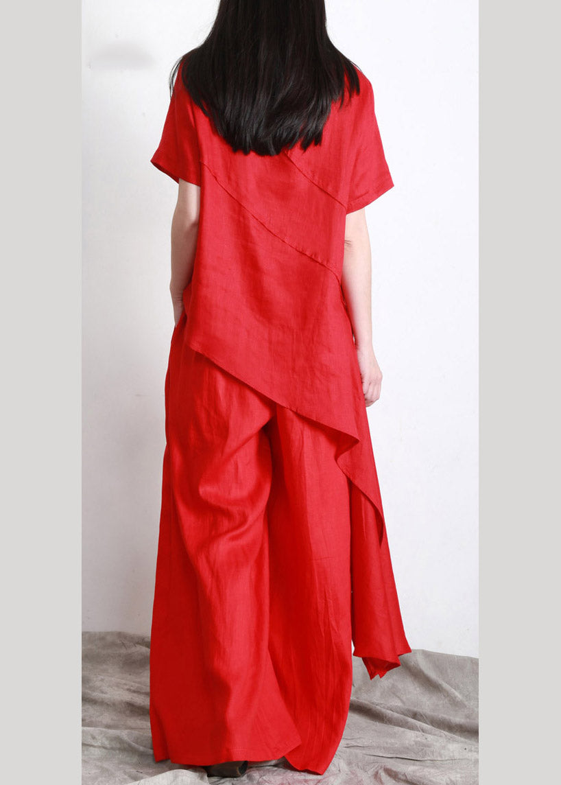 Red O-neck Asymmetrical Linen Top and Pants Two Pieces Sets Summer