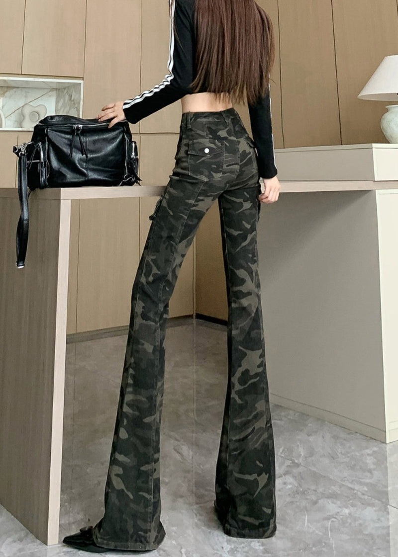 Camouflage Green Silm Fit Denim Flared Trousers Fall