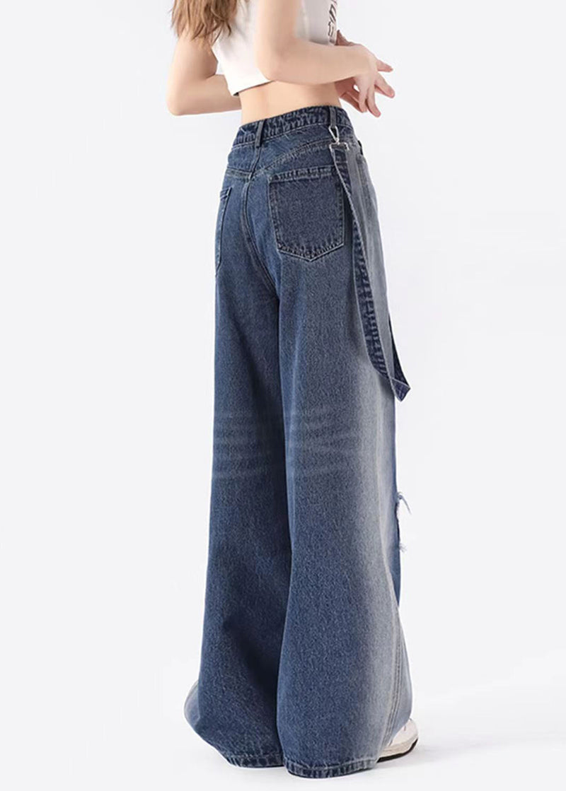 Blue Pockets Patch Denim Straight Pants Spring