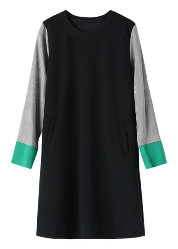 Jacquard Black O-neck Tulle Patchwork Maxi Dresses Fall