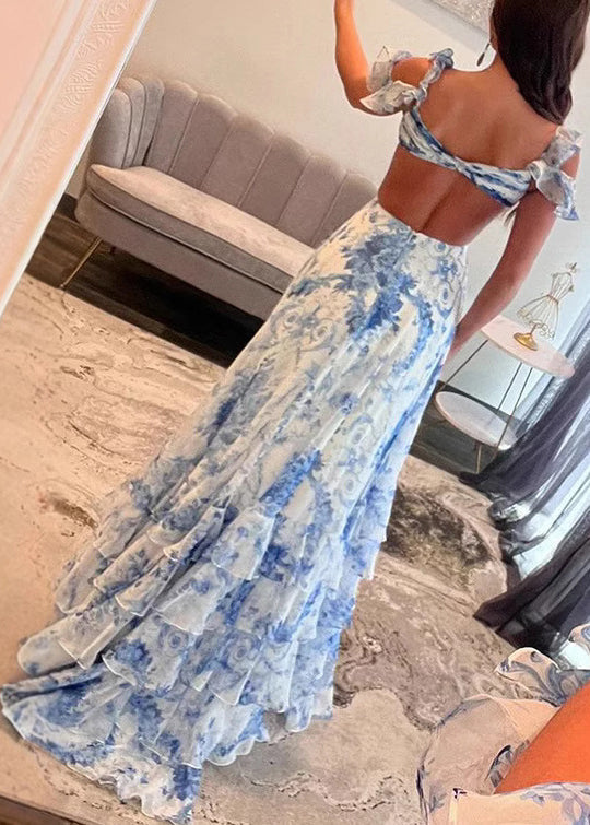 Blue Print Side Open Chiffon Maxi Dresses Sleeveless