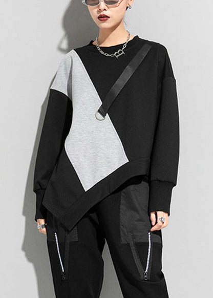 Brief Black Grey O-neck Asymmetrical Patchwork T Shirt Long Sleeve