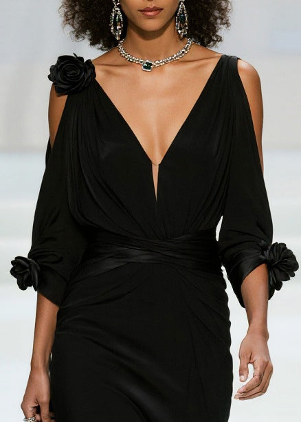 Modern Black Cold Shoulder Decorated Chiffon Vestidos Dress Summer