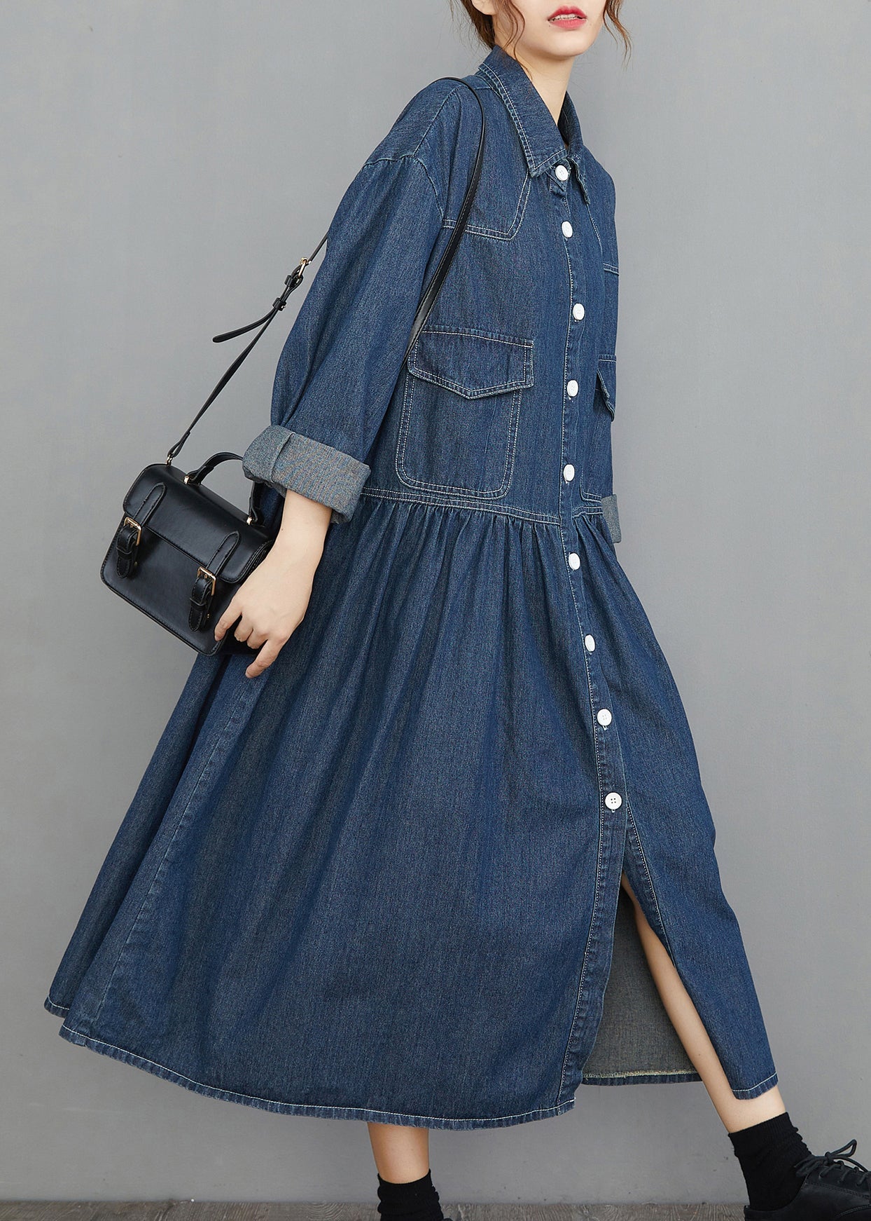 Navy Peter Pan Collar Button Pockets Wrinkled Denim Dress Spring