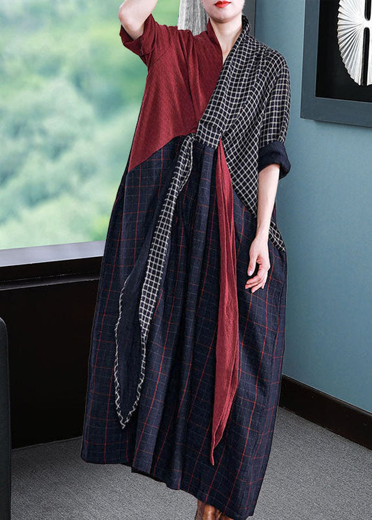 Long Sleeve V-neck Loose Plaid Patchwork Maxi Dress