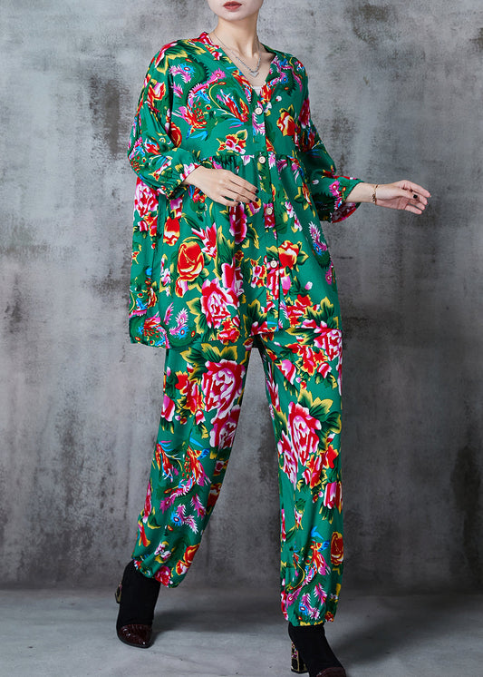 Green Print Cotton Retro Two-piece Set Oversized Summer