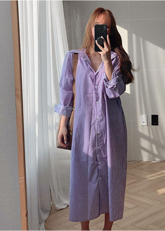 Purple Peter Pan Collar Striped Cotton Shirt Dresses Spring