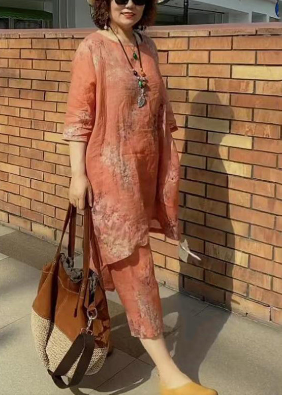 Orange O-neck Print Linen Tops and Harem Pants Two-piece Set Summer
