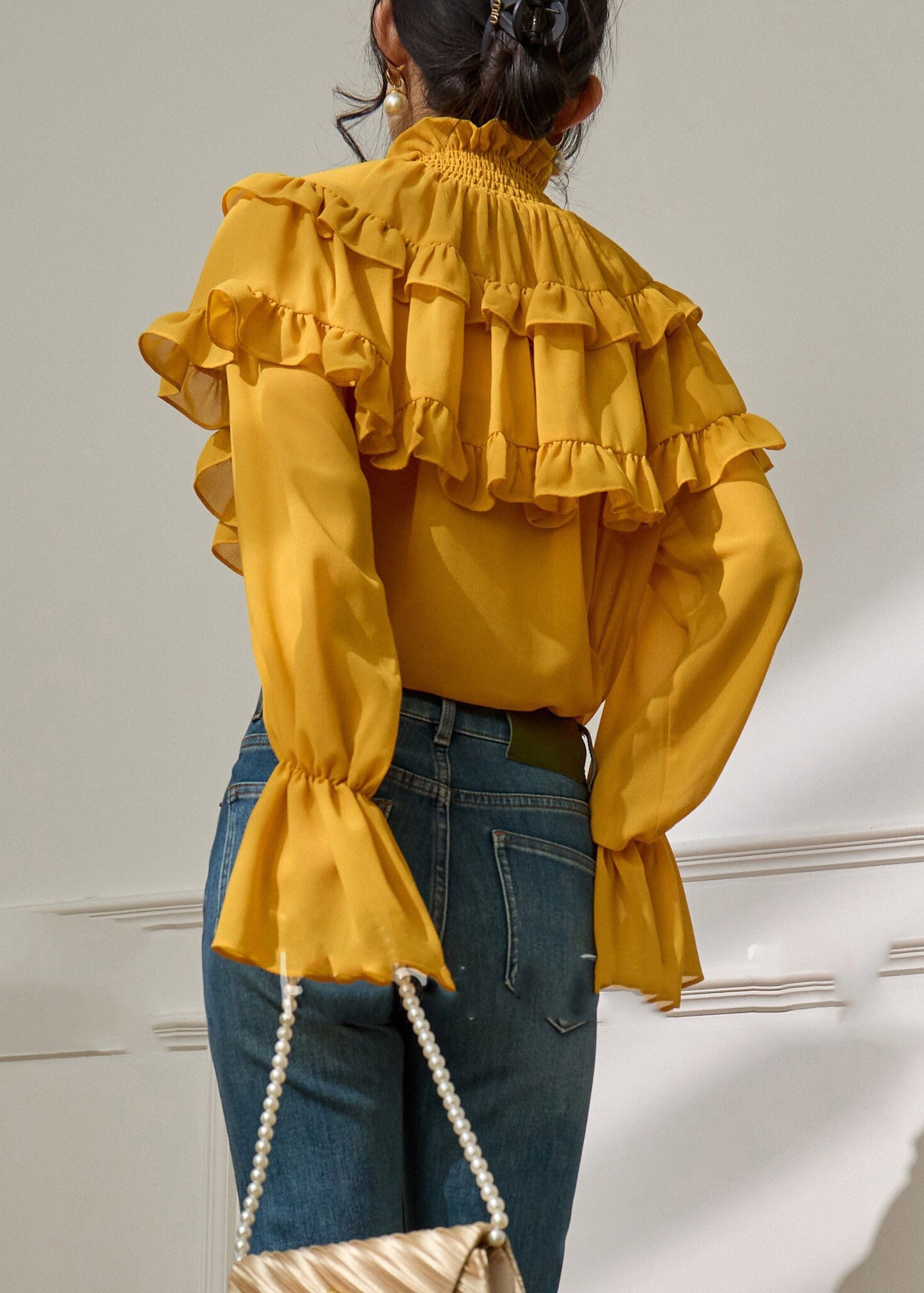 French Yellow Turtleneck Ruffled Top Flare Sleeve