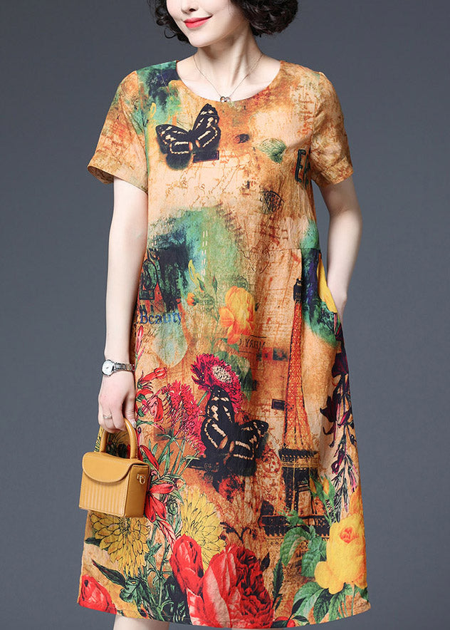 Butterfly Print O-neck Cotton Dress Short Sleeve