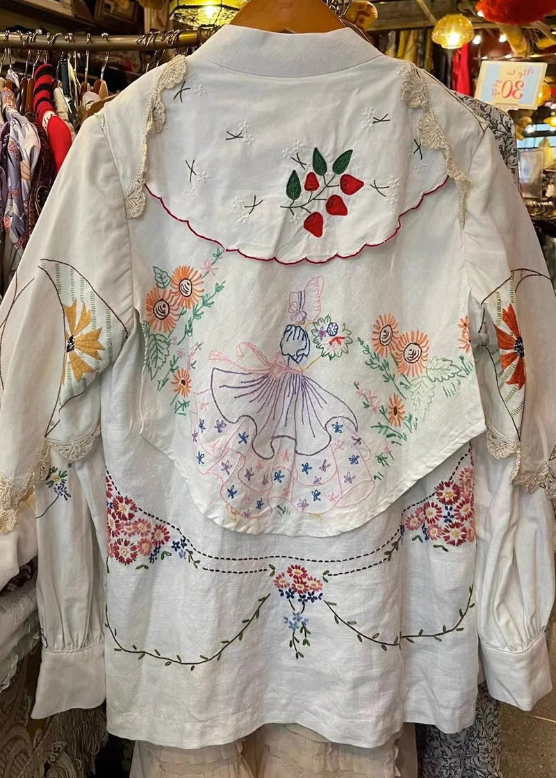 Handmade Blue Polka Dots Embroidered Patchwork Cotton Blouse Tops Fall