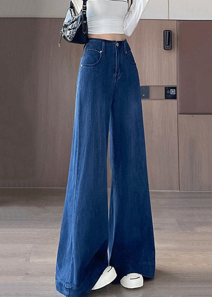 Simple Blue Pockets High Waist Denim Flared Trousers Fall