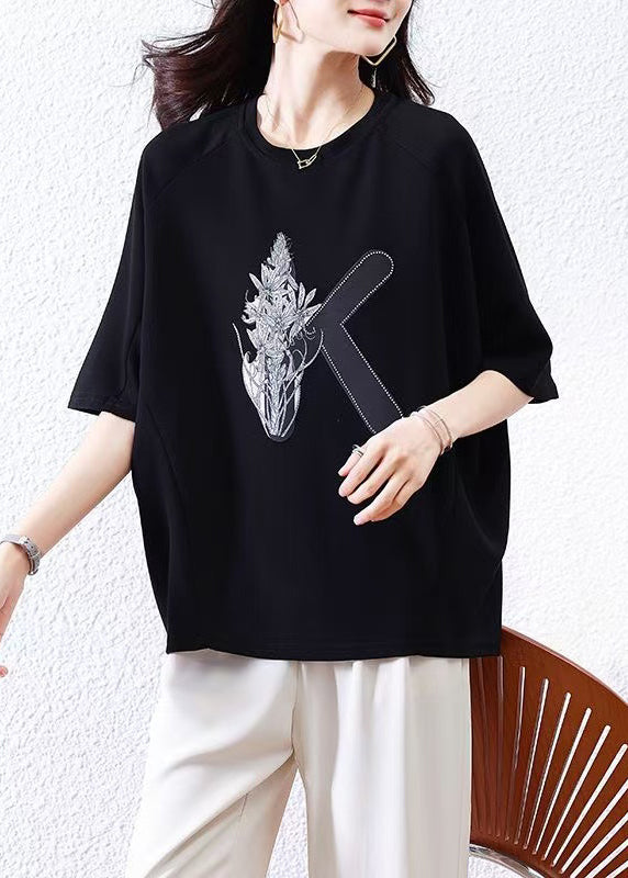 Loose Black O-neck Print Cotton T Shirt Half Sleeve