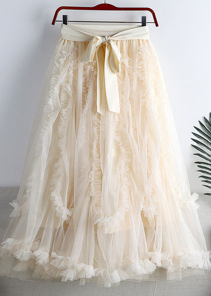 Modern Apricot Ruffled Bow Tie Waist Elastic Waist Tulle a Line Skirts Spring