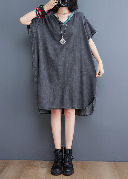 Boutique Black V Neck Patchwork Low High Design Denim Dresses Short Sleeve