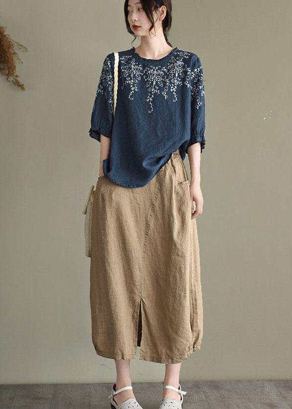 Handmade Navy Lantern Sleeve Ruffled Summer Cotton Linen Shirt Tops