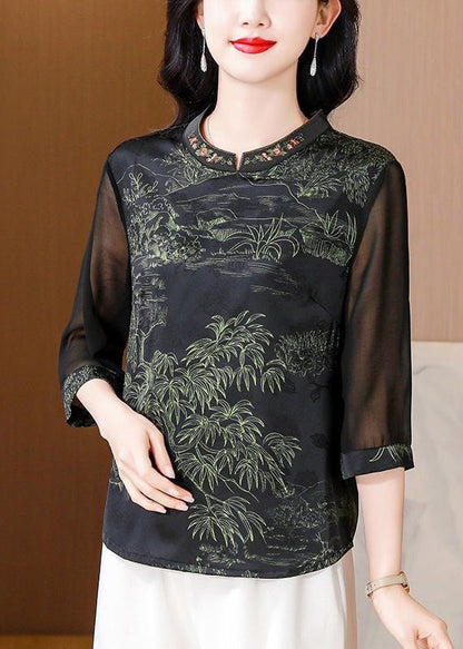 Green Stand Collar Print Silk Top Half Sleeve