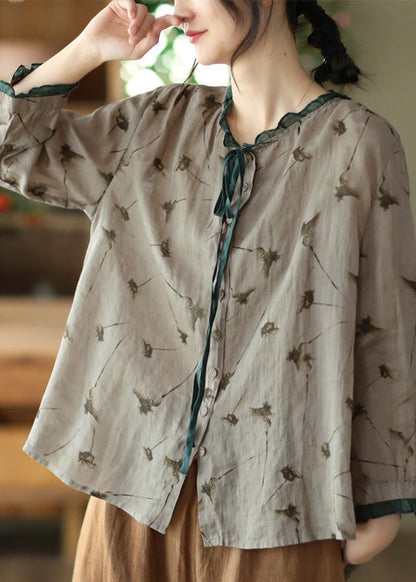 Grey Neck Tie Print Ramie Tops Long Sleeve
