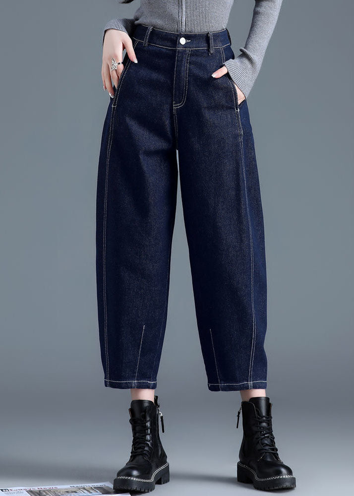 Blue High Waist Pockets Cotton Denim Harem Pants Summer
