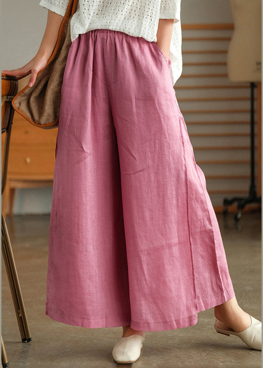 Pink Elastic Waist Pockets Linen Wide Leg Pants Spring