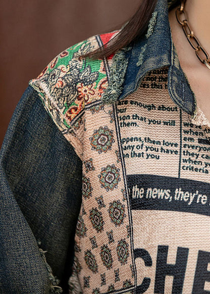 Unique Denim Patchwork Knit Peter Pan Collar Pockets Side Open Fall Long Sleeve Coat