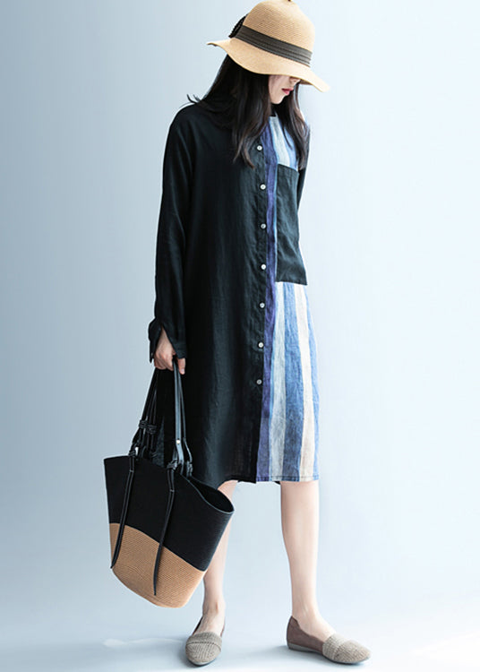 Black Low High Design Striped Linen Long Shirt Spring