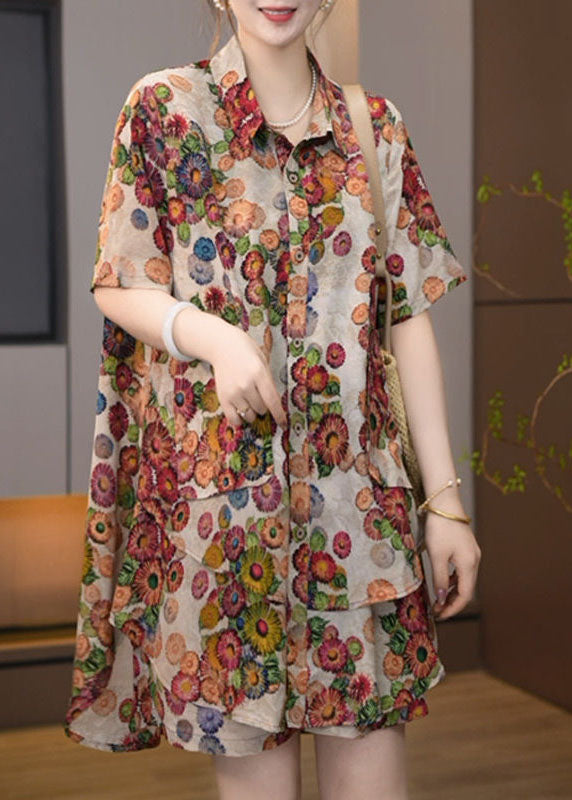 Diy Khaki Oversized Print Chiffon Two Pieces Set Summer