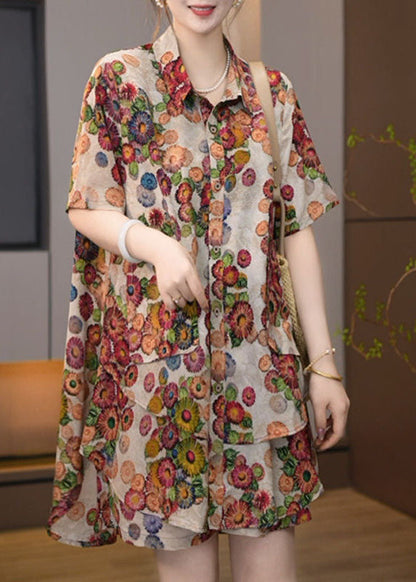 Diy Khaki Oversized Print Chiffon Two Pieces Set Summer