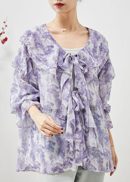 Unique Purple Rose Ruffles Chiffon Shirt Top Spring
