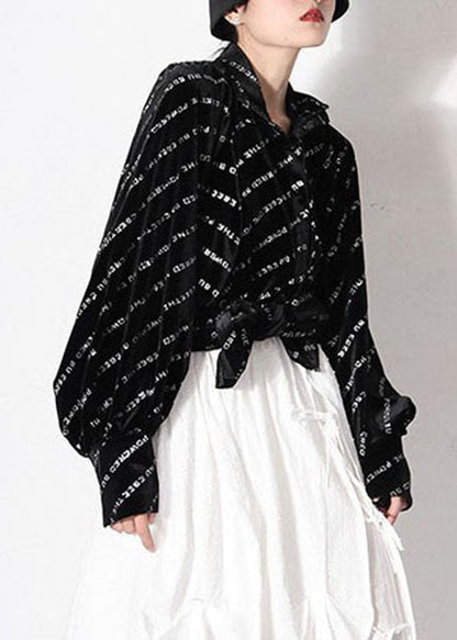 Loose Black Peter Pan Collar Button Graphic Shirt Spring