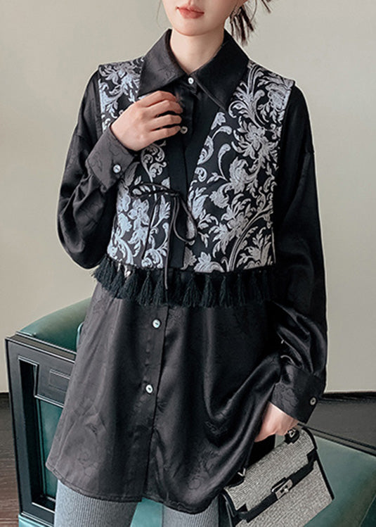 Black V Neck Print Tie Waist Waistcoat Spring