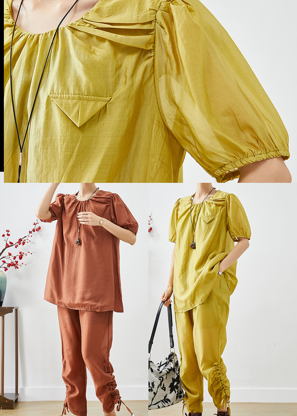 Yellow O-neck Wrinkled Silk 2 Piece Outfit Summer