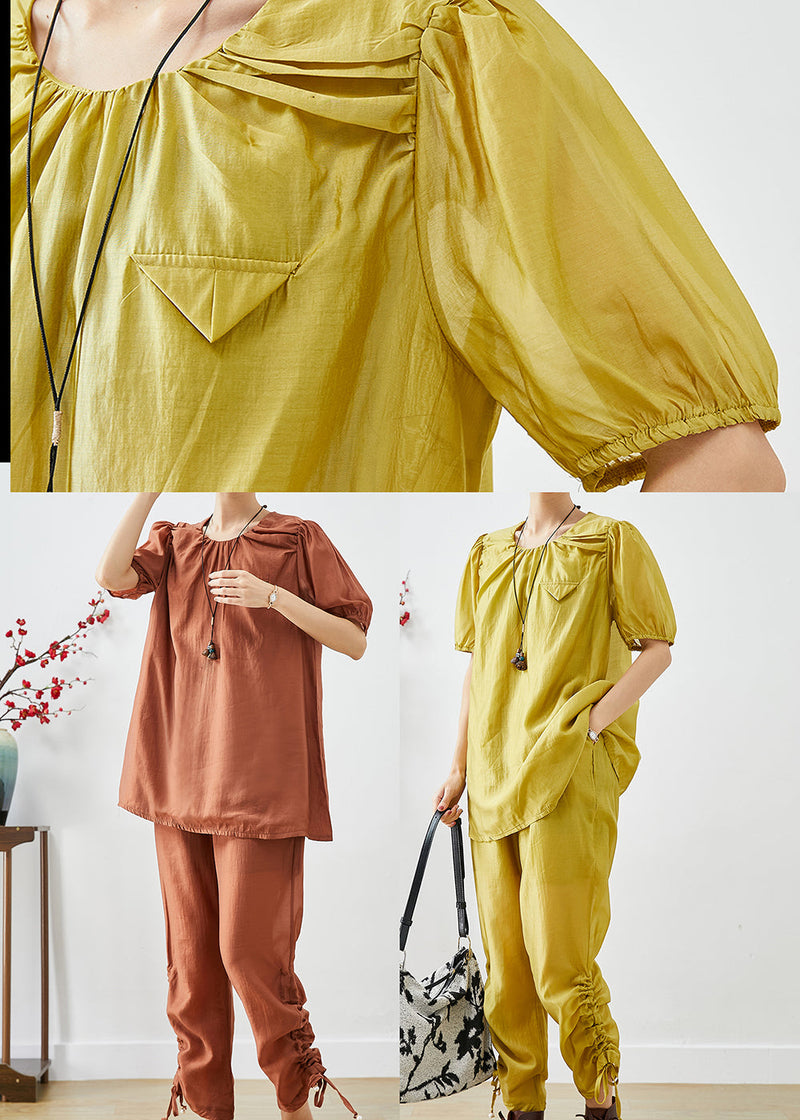Yellow O-neck Wrinkled Silk 2 Piece Outfit Summer