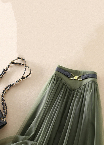 Green Wrinkled Elastic Waist Patchwork Tulle Skirts Spring