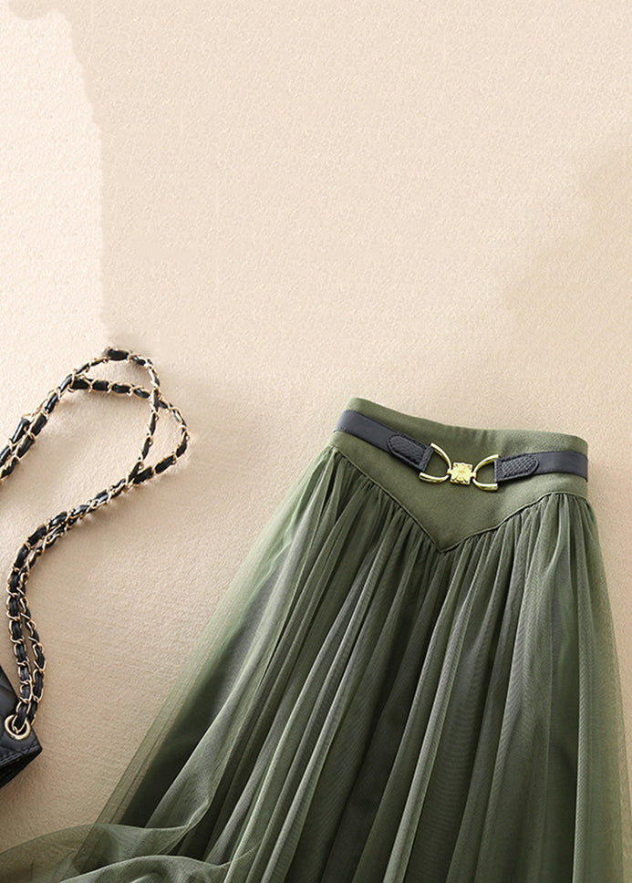 Green Wrinkled Elastic Waist Patchwork Tulle Skirts Spring