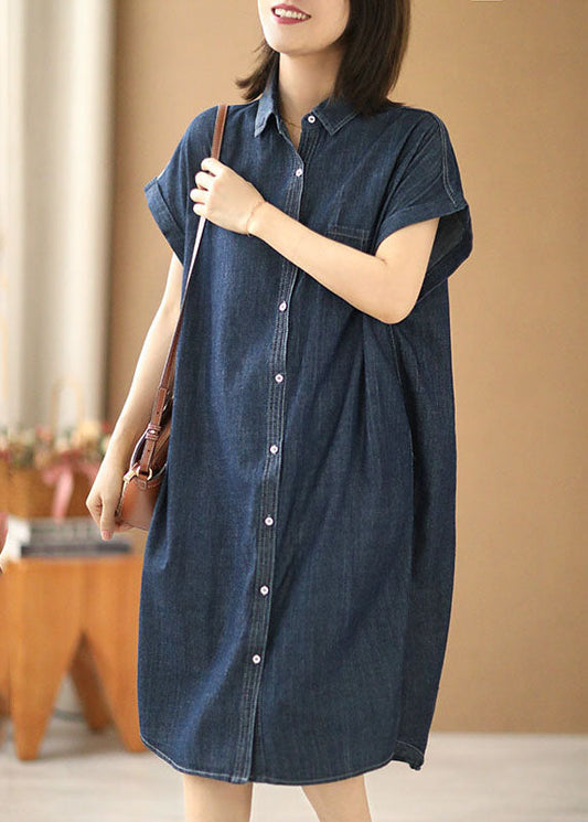 Navy Color Peter Pan Collar Button Cotton Denim Dresses Short Sleeve