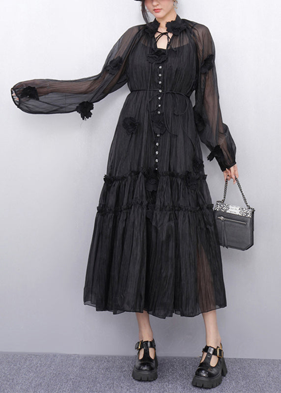 Black Stand Collar Ruffled Chiffon Long Dresses Fall