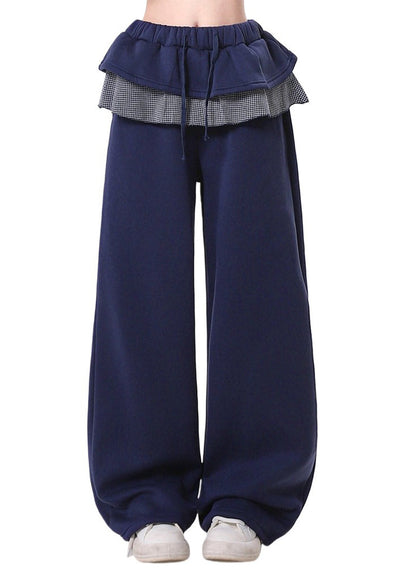 Navy Elastic Waist Patchwork Ruffles Cotton Pants Spring