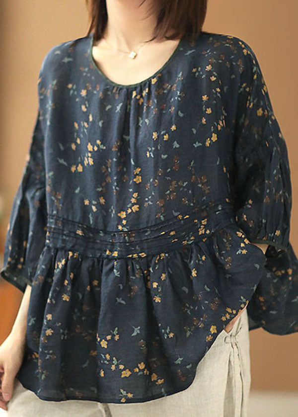 Style Navy O-neck Wrinkled Print Cotton Blend Loose Shirt Tops Batwing Sleeve