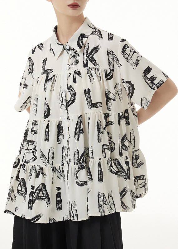 Beige Peter Pan Collar Print Wrinkled Patchwork Silk Shirts Summer