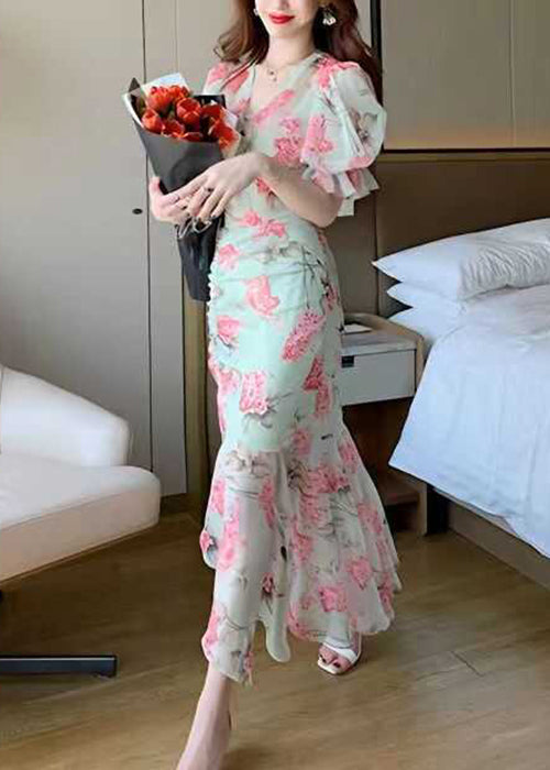 Green V Neck Print Patchwork Chiffon Long Dress Summer