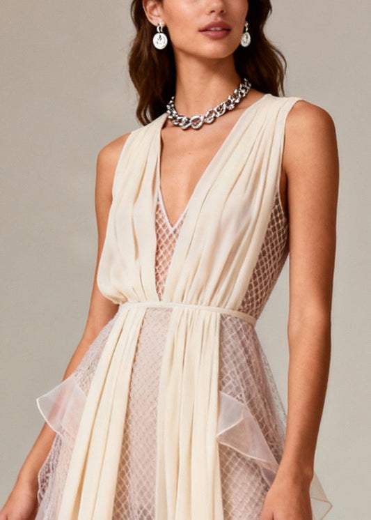 Beige V Neck Patchwork Mesh Long Dress Summer