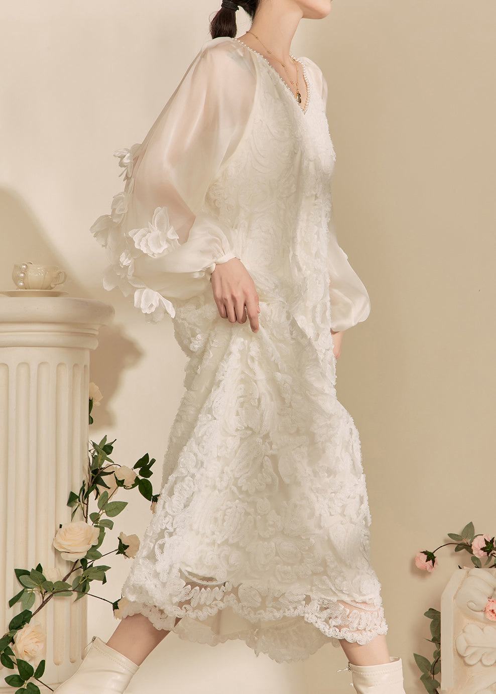 White V Neck Tulle Maxi Dresses Fall
