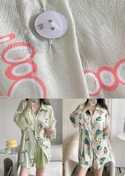 Beige Button Print Ice Silk Pajamas Two-piece Set Peter Pan Collar Spring