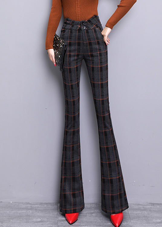 Red Plaid Button Zippered Woolen Bell Bottomed Trousers Spring