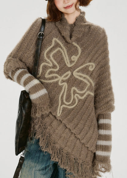 Unique Khaki Turtle Neck Tasseled Knitted Tops Batwing Sleeve Winter